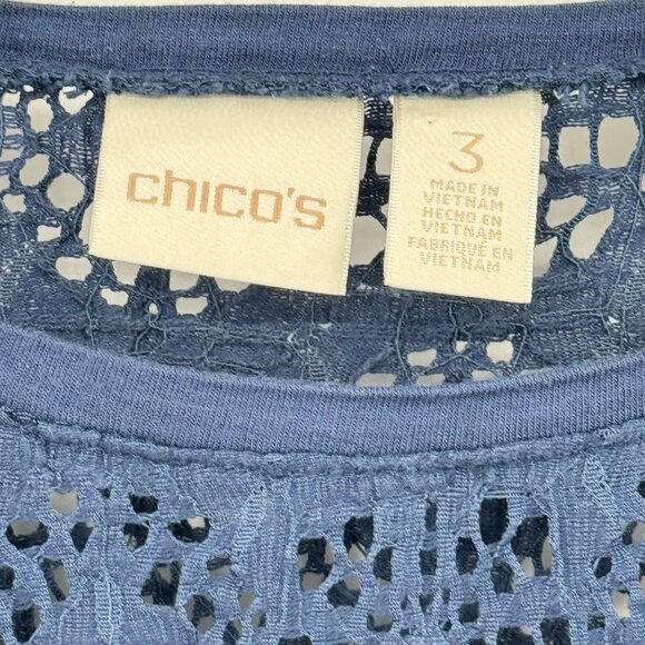 Chico's 3 Blue  Long Sleeve Pullover top shirt stretch knit lace Size XL - Picture 3 of 8